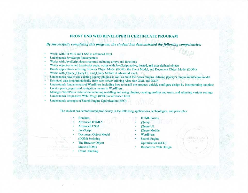 FEWD two certificate back