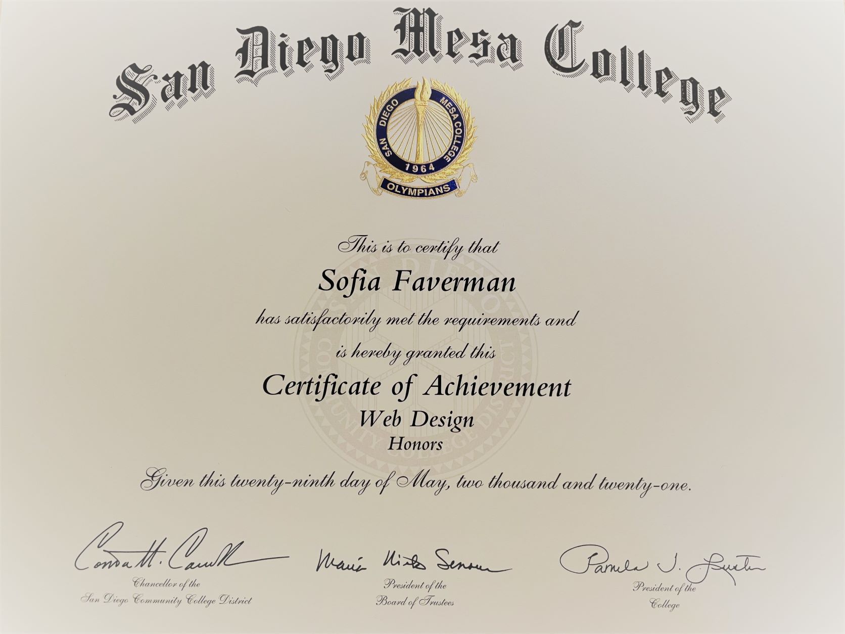 Mesa college certificate of achivement